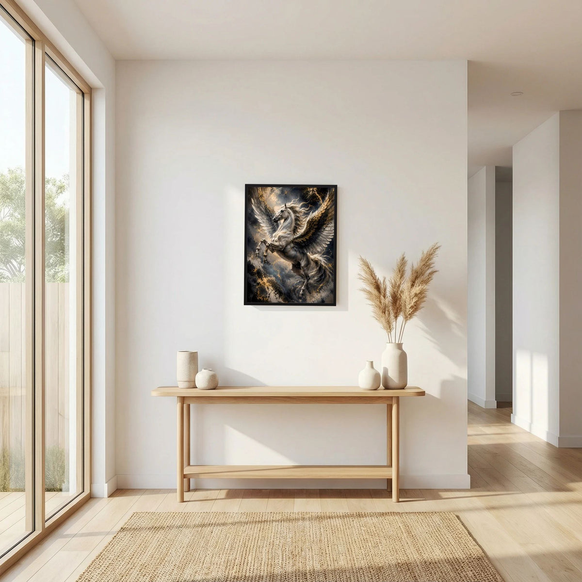 Hochformat-Poster mit schwarzem Pegasus, goldene Flügel im schwarzen Rahmen