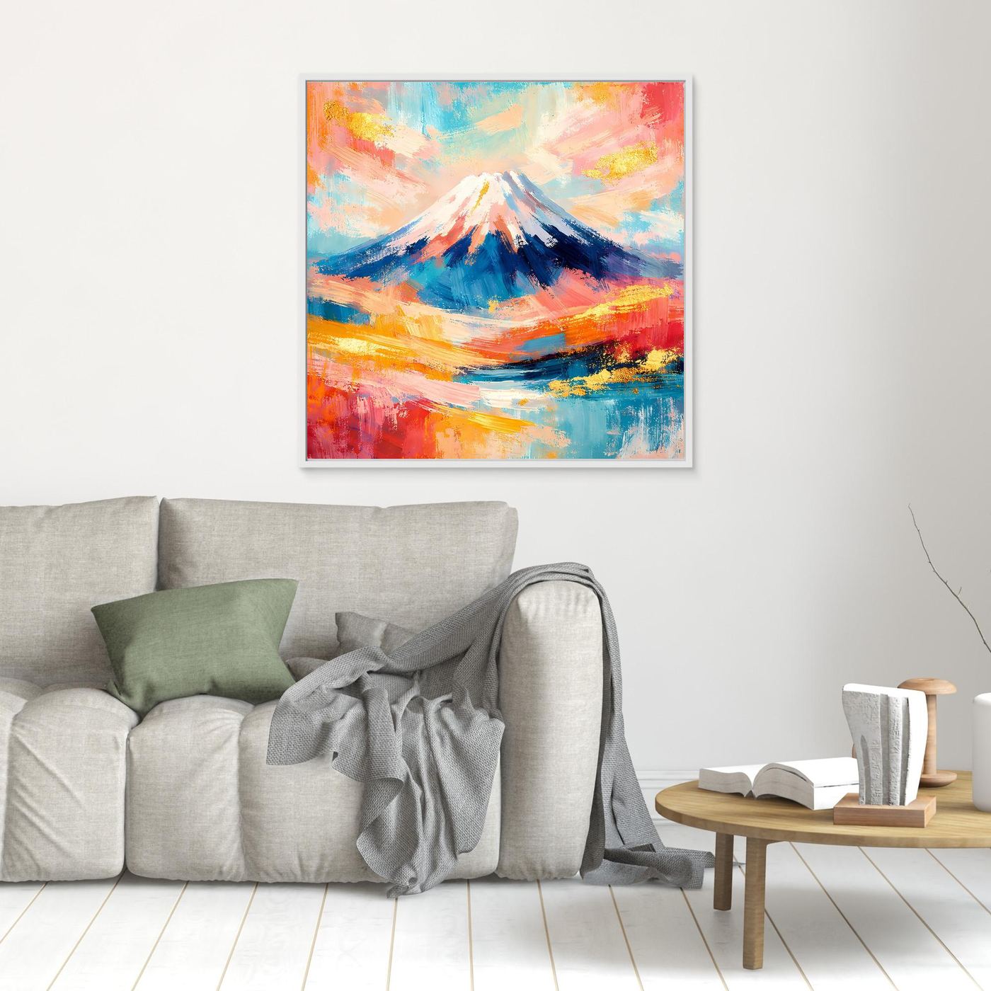 Leinwandbild mit abstraktem Mount-Fuji-Bergmotiv, weißer Rahmen, bunte Pinseltextur