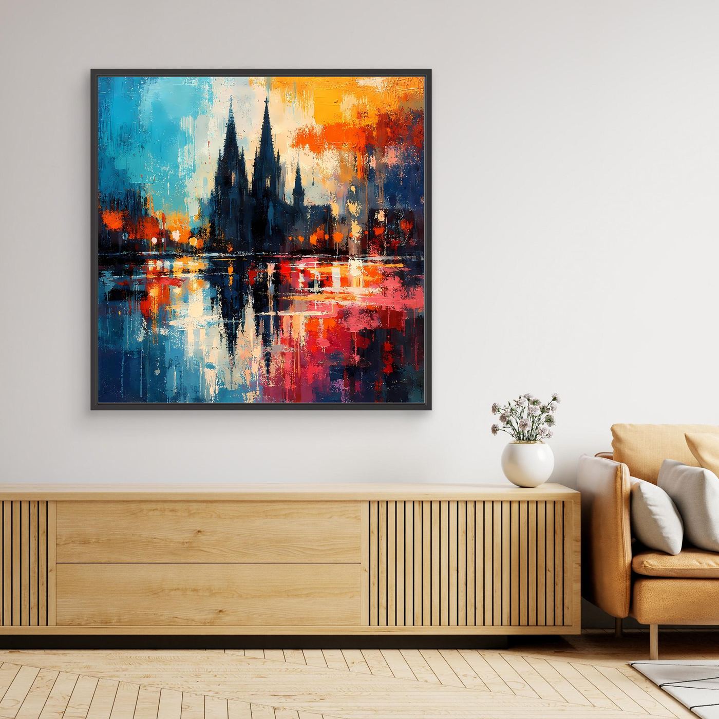 Abstraktes Leinwand-Wandbild mit Dom-Silhouette, blau-orangenem Farbverlauf und schwarzem Rahmen