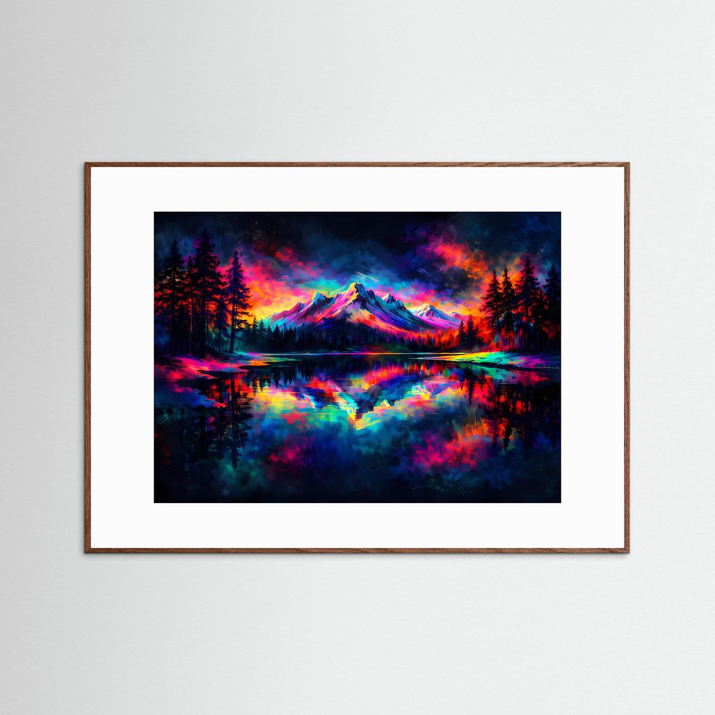 Pop-Art-Naturposter mit Gebirgslandschaft am See, farbiges Bergmotiv, naturfarbener Holzrahmen