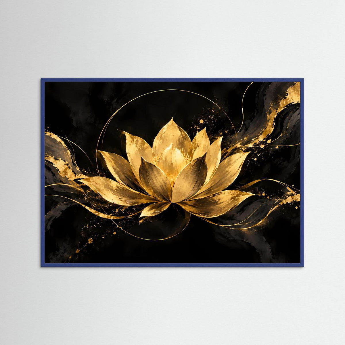 Poster im Querformat mit goldener Lotusblüte, blaue Rahmenumrandung