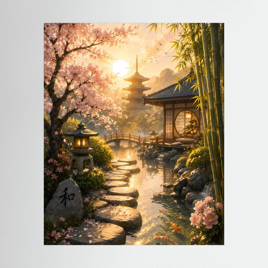 Hochformatiges Poster mit japanischem Zen-Garten-Motiv: Kirschblüten, Bambus und Wasserlauf