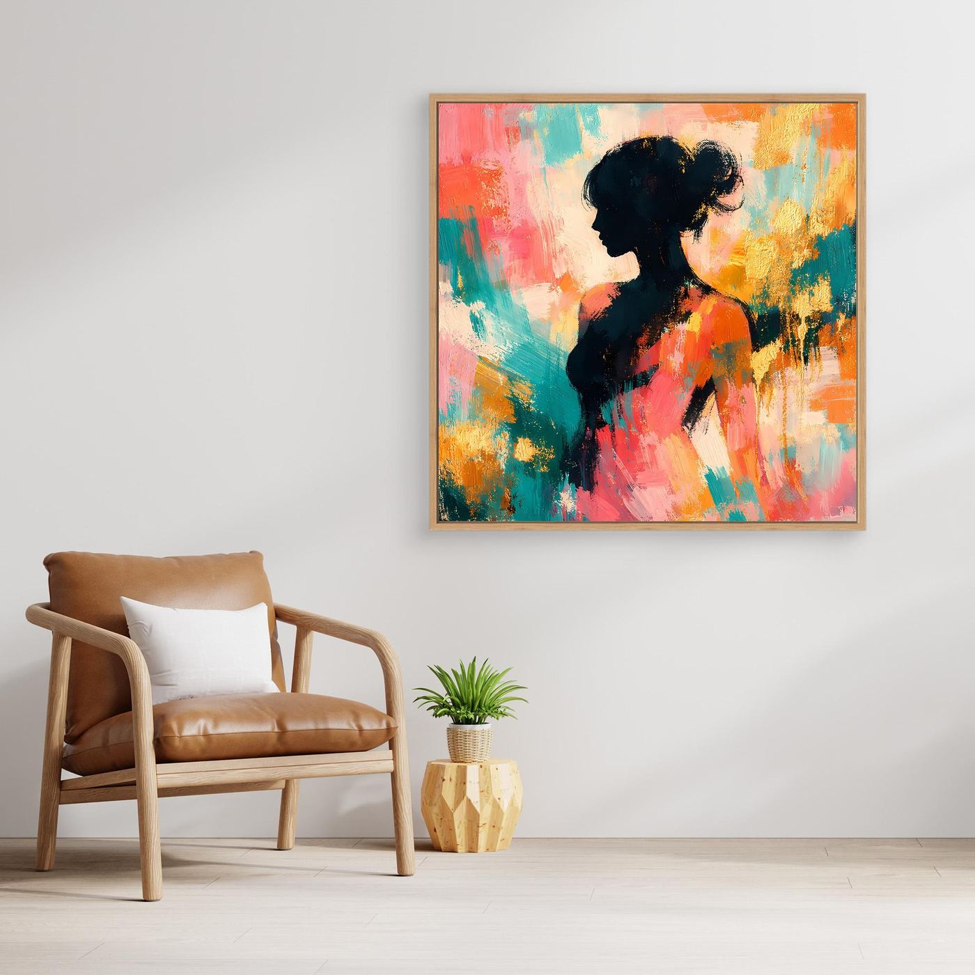 Leinwandbild mit abstrakter Frauensilhouette, pastellfarbener Farbfläche, mit braunem Rahmen