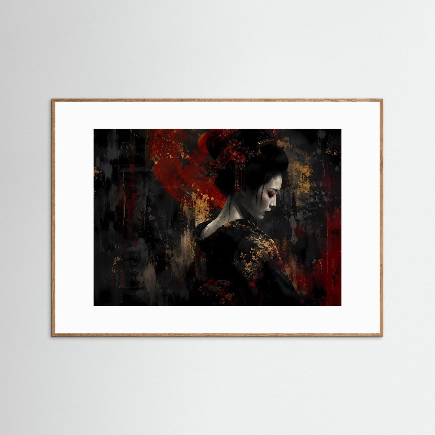 Querformatiges Japan-Kunstposter: Geisha-Porträt mit rotem Kreis, hellbrauner Holzrahmen