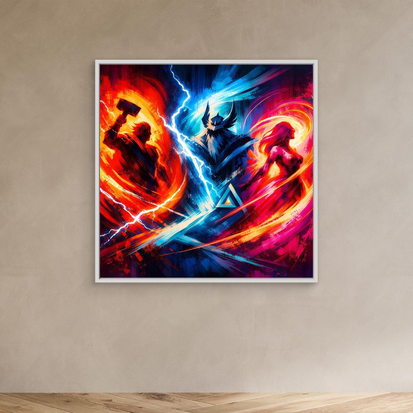 Neon-Fantasy-Leinwand-Wandbild mit Figuren, leuchtenden Wirbeln und Blitzbogen, helle Umrandung
