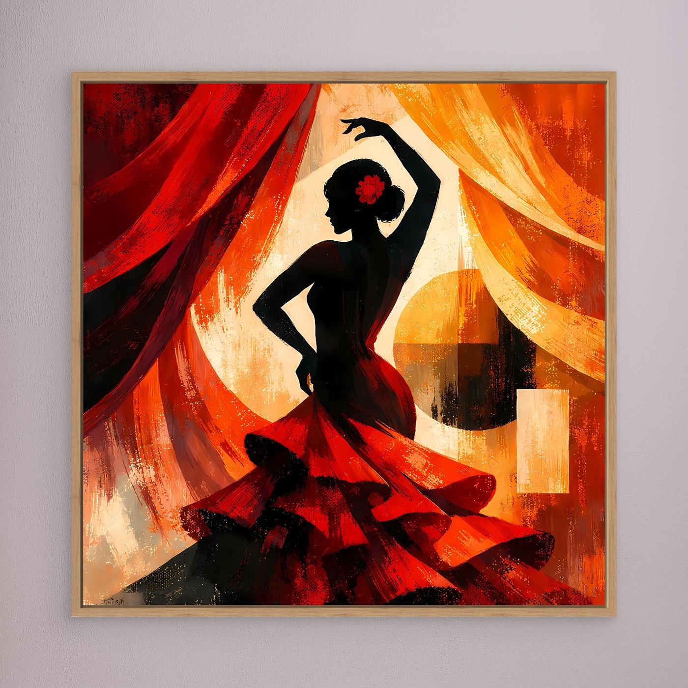 Leinwandbild im hellen Holzrahmen: schwarze Flamenco-Silhouette mit roter Blume und roten/orangen Drapes