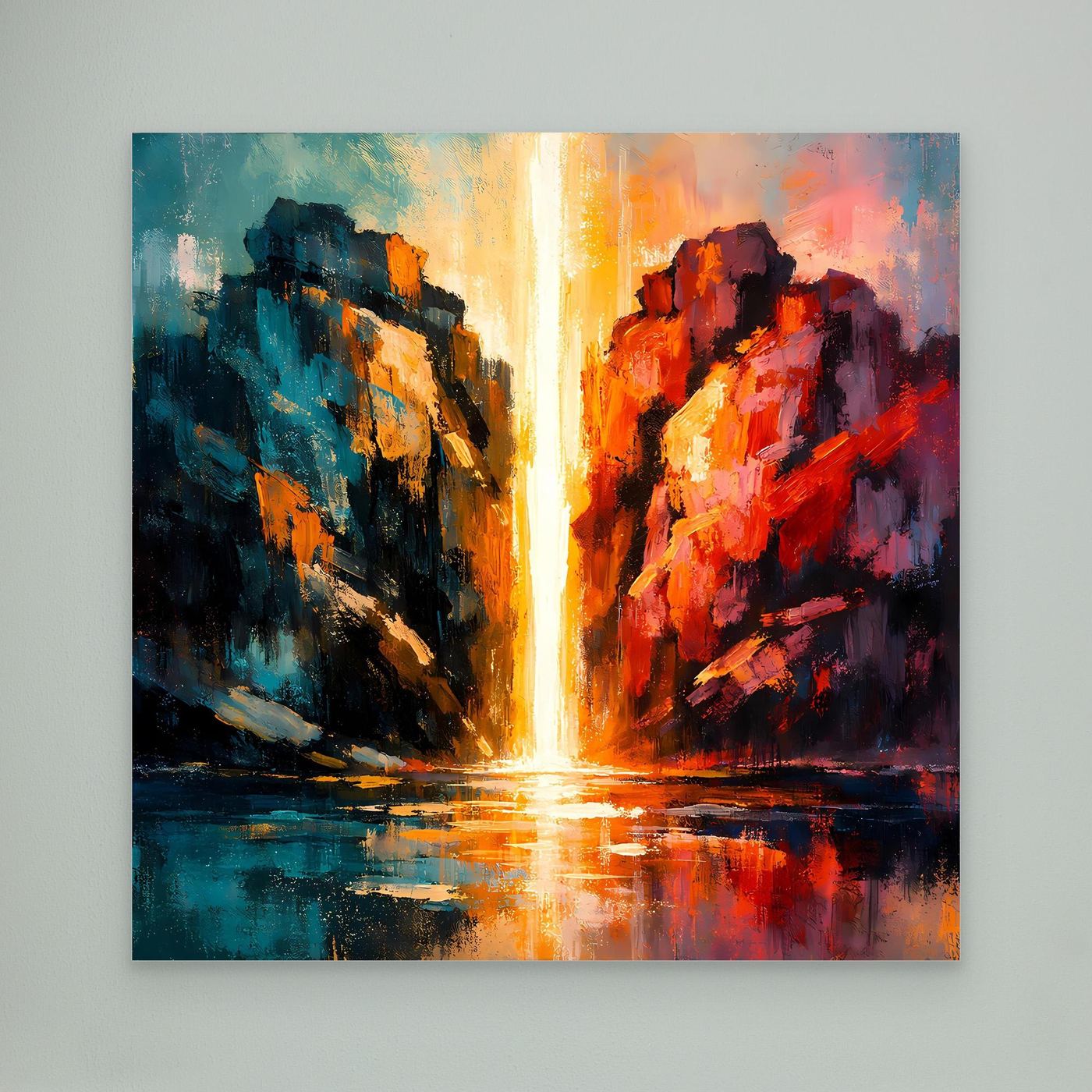 Premium Leinwand Magischer Lichtwasserfall im Canyon | Abstraktes Natur Wandbild farbenfroh