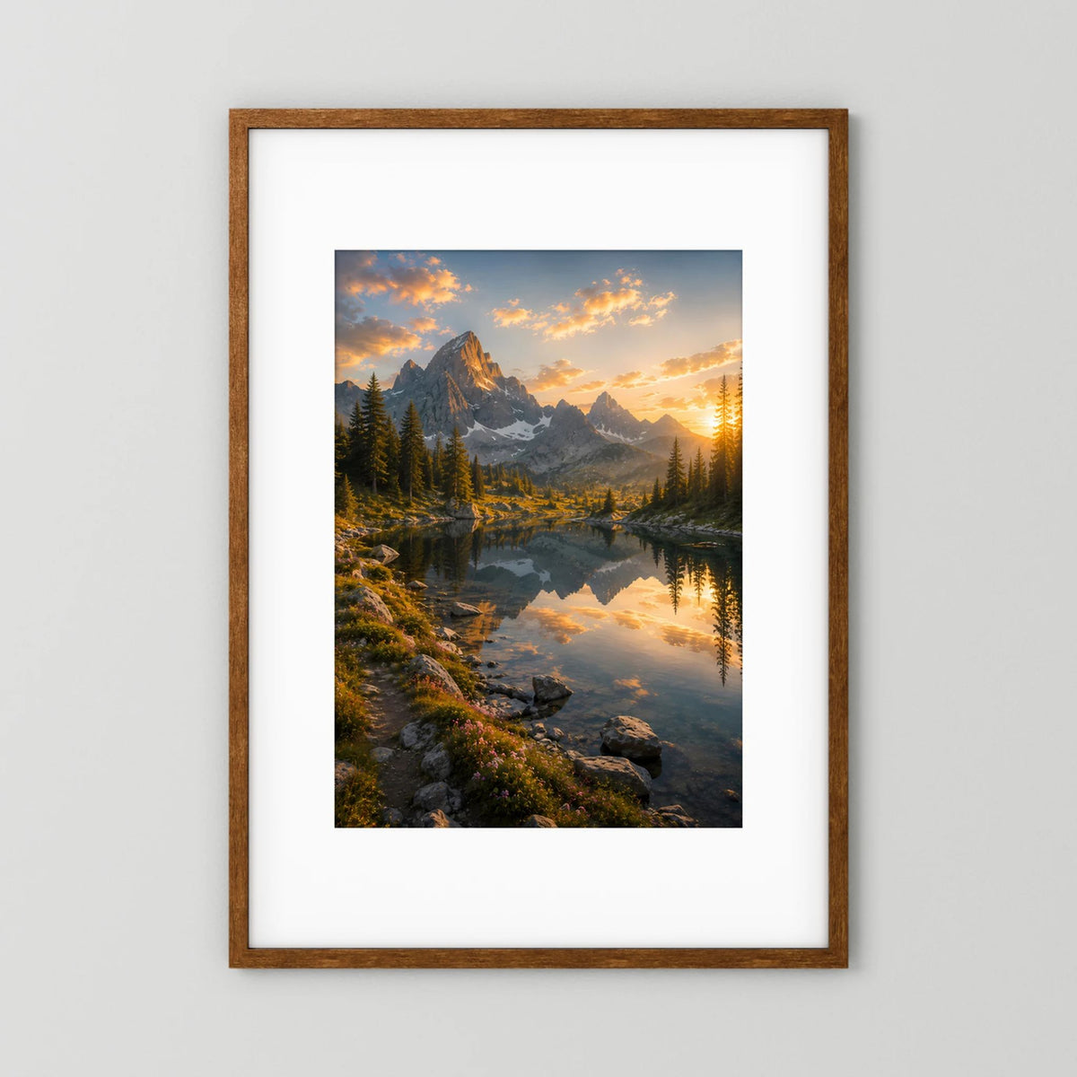 Bergsee bei Sonnenuntergang | Alpenpanorama mit Wasserspiegelung | Poster Hochformat