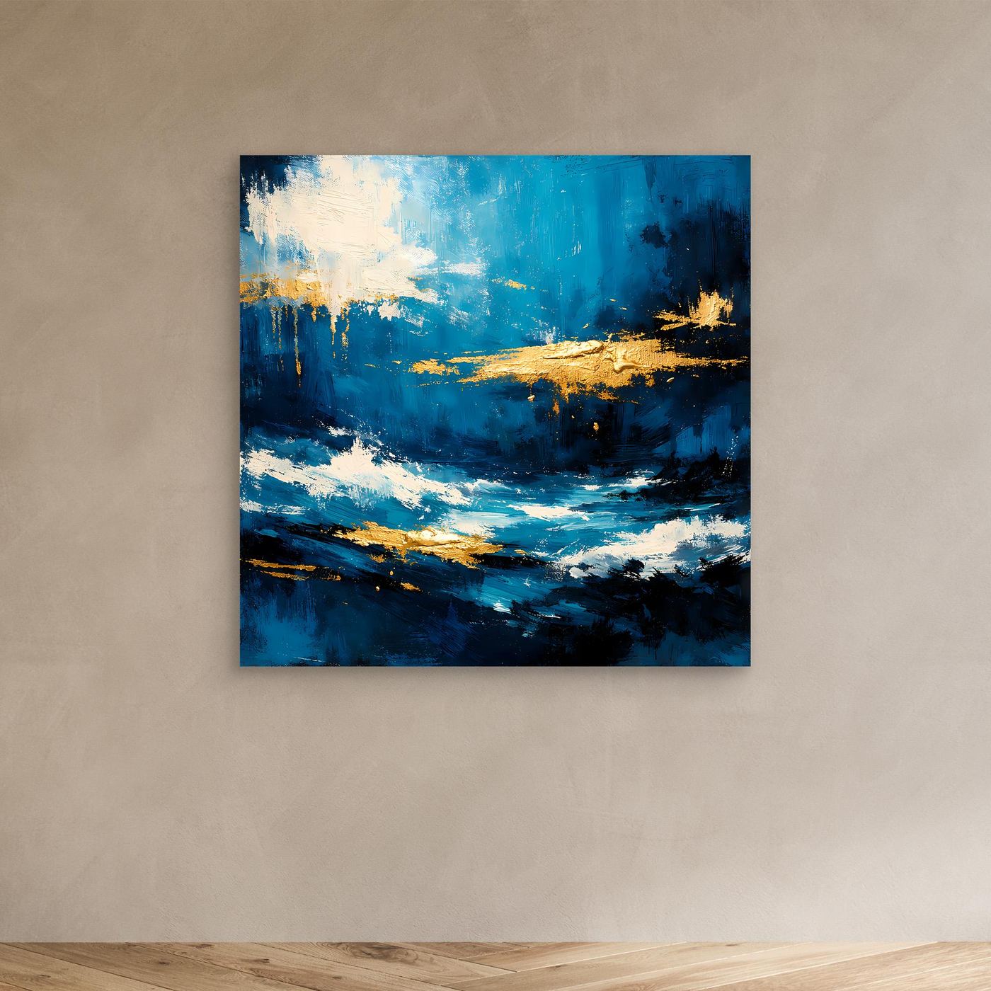 Leinwandbild mit abstrakten Meereswellen in Blau und Gold, ohne sichtbaren Rahmen