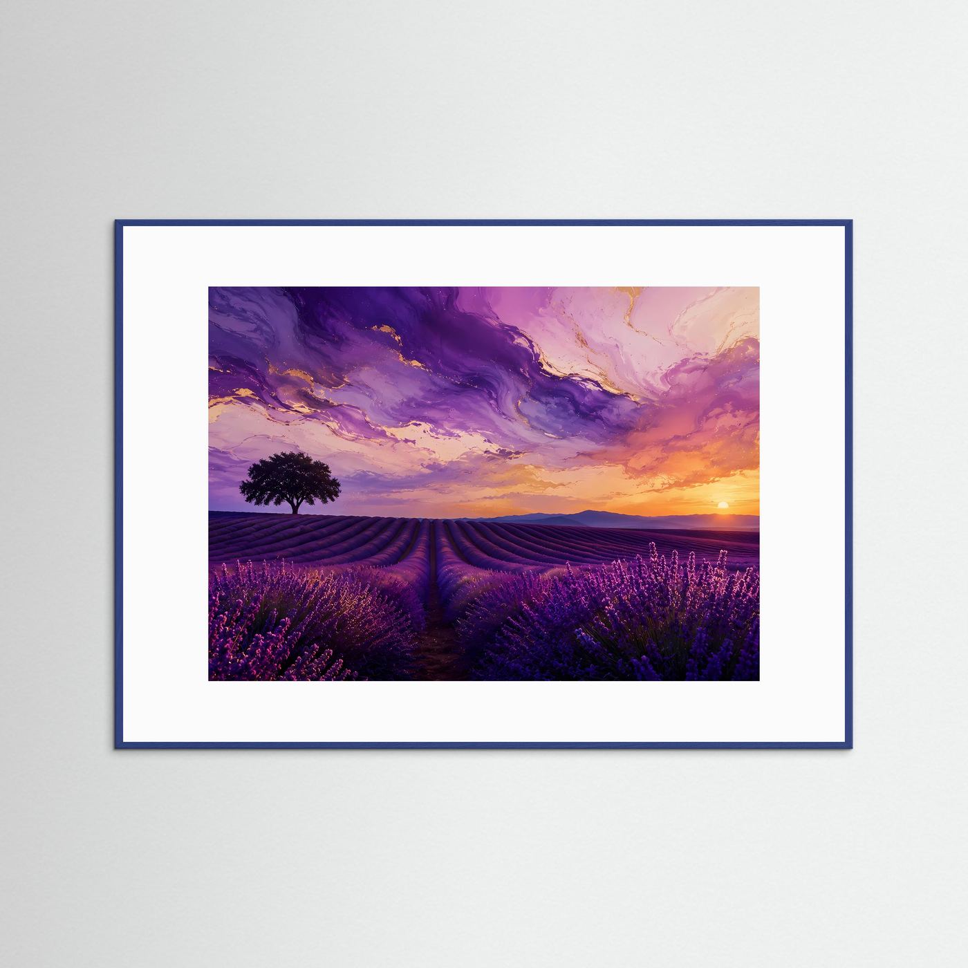 Lavendelfeld Sonnenuntergang Poster Querformat | Provence Landschaft Wandbild | Modernes Lavendel Naturbild in Lila
