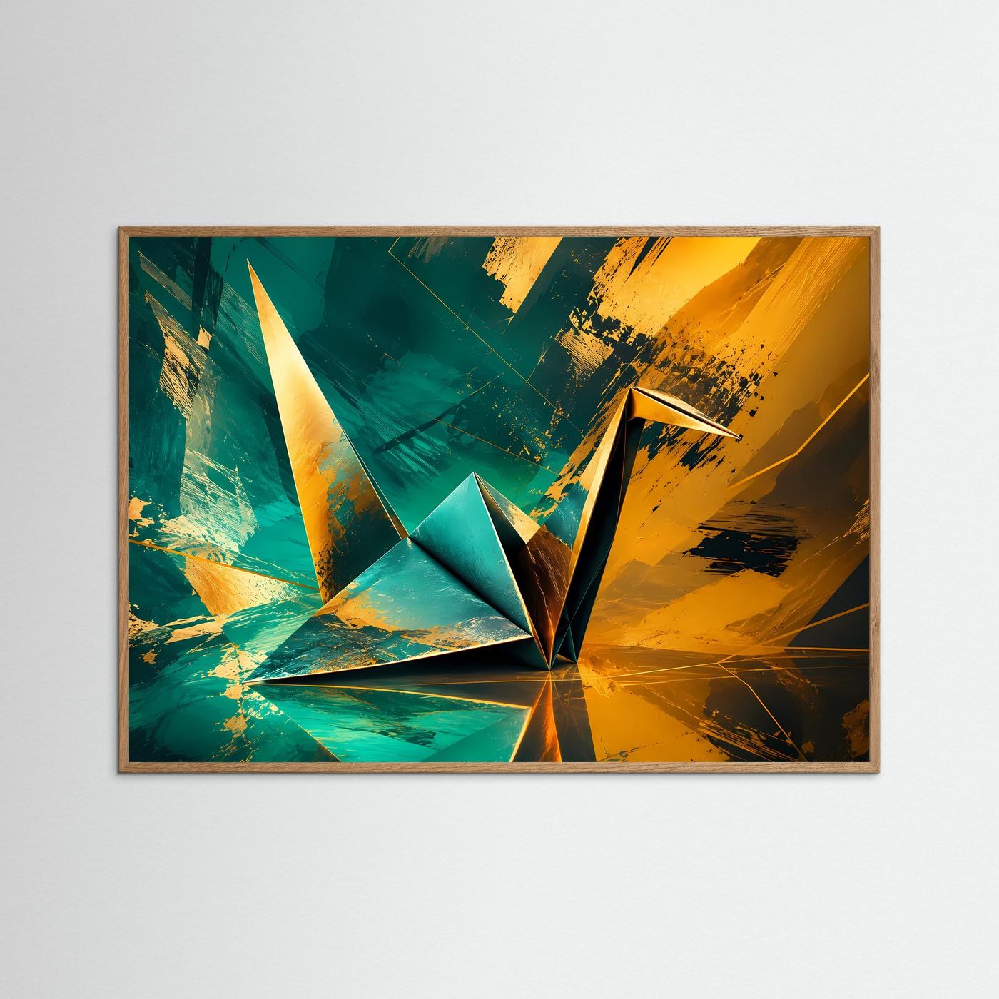 Origami Kranich Poster | Moderne Japanische Wandkunst | Abstrakte Gold Türkis Kunst | Minimalistisches Wandbild