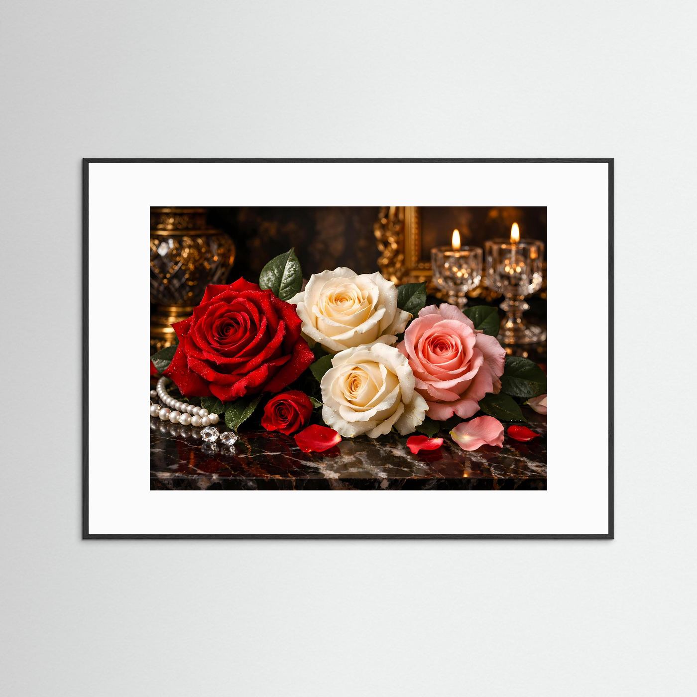Gerahmtes Blumenposter mit Rosenbouquet und Kerzenlicht, weiße Einfassung