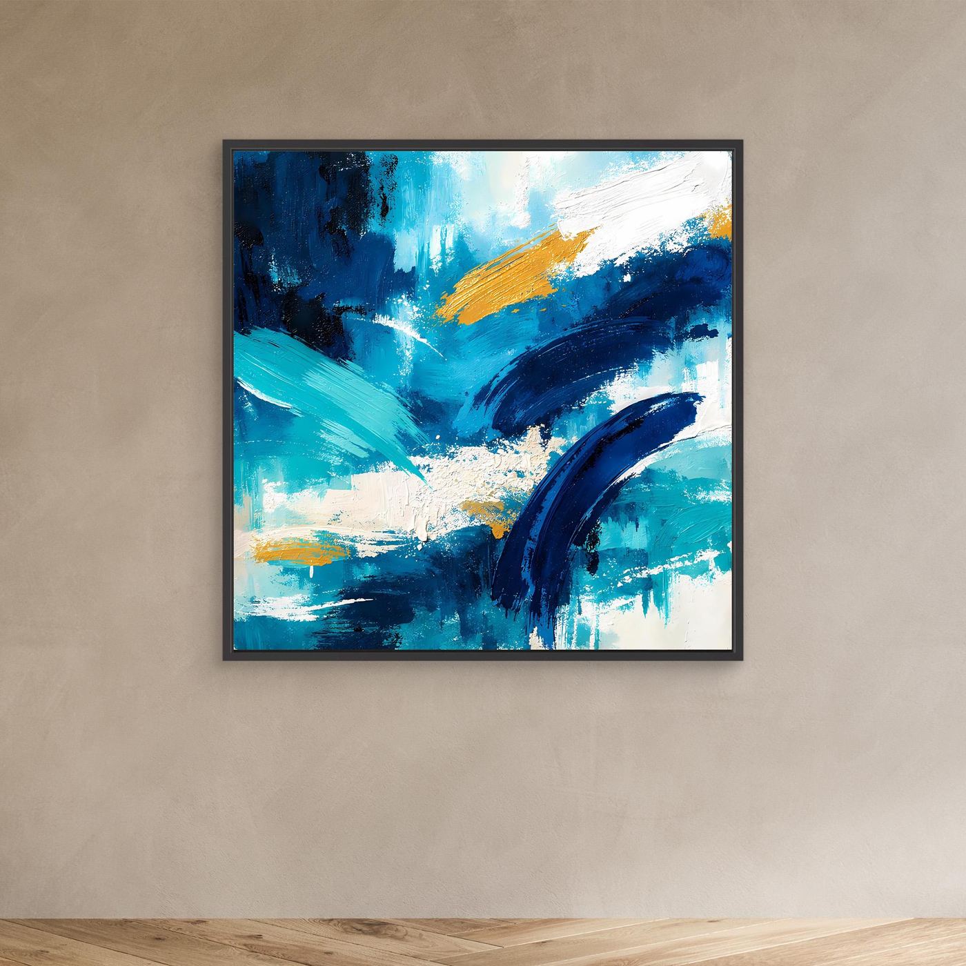 Abstract blue and teal canvas wall art with gold diagonal highlight in a black frame