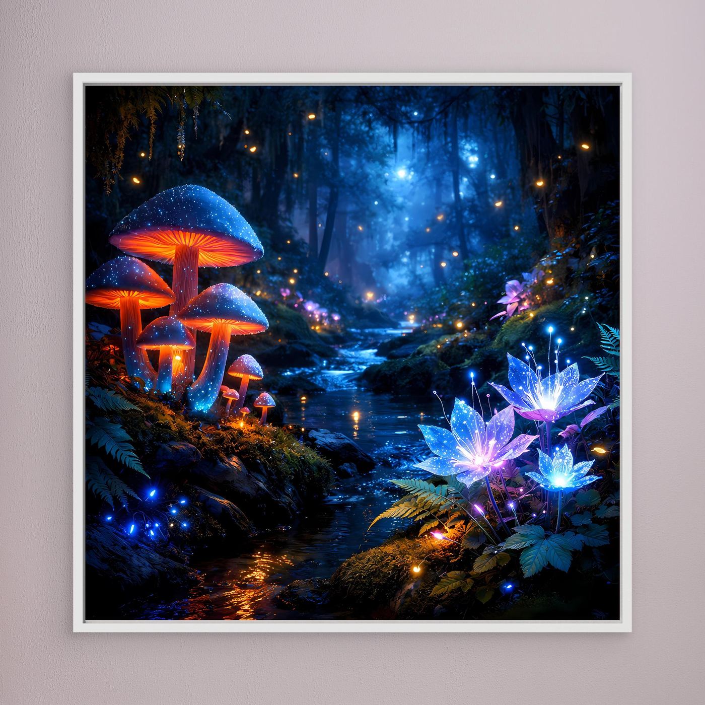 Leinwandbild mit glühenden Pilzen, violetten Blütenlichtern und blauen Akzenten, weiß gerahmt