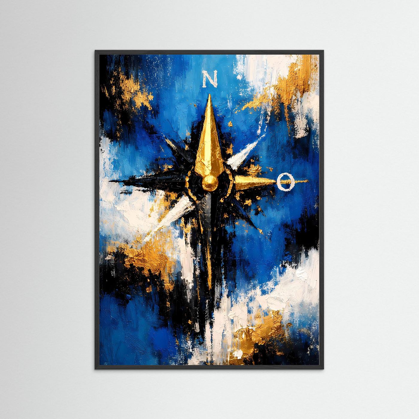 Hochformatiges Kunstposter mit goldener Kompassrose, im schwarzen Rahmen auf blau-weißer Fläche