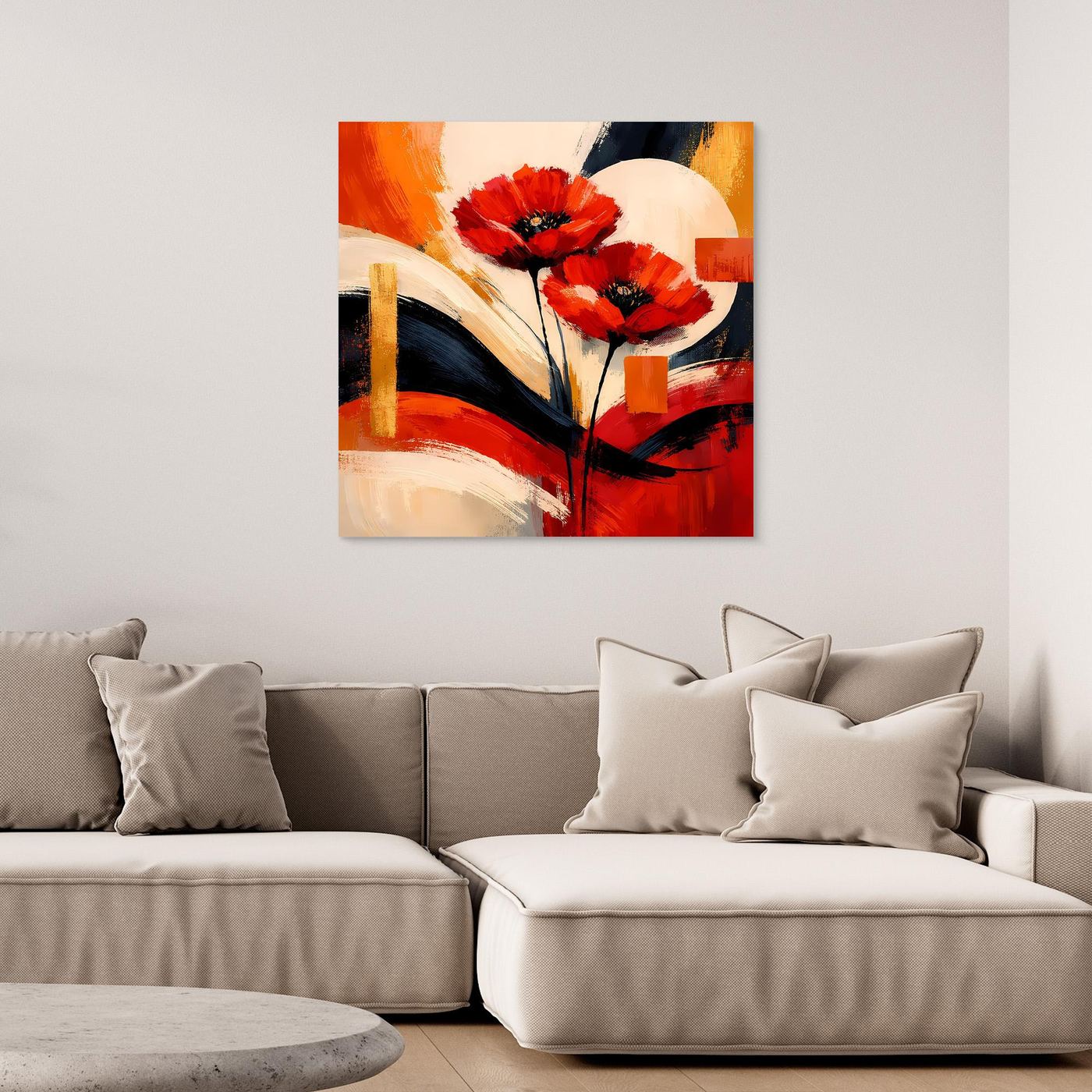 Leinwandbild mit abstrakten Mohnblüten in Rot, Gold und Creme mit schwarzen Blütenstielen