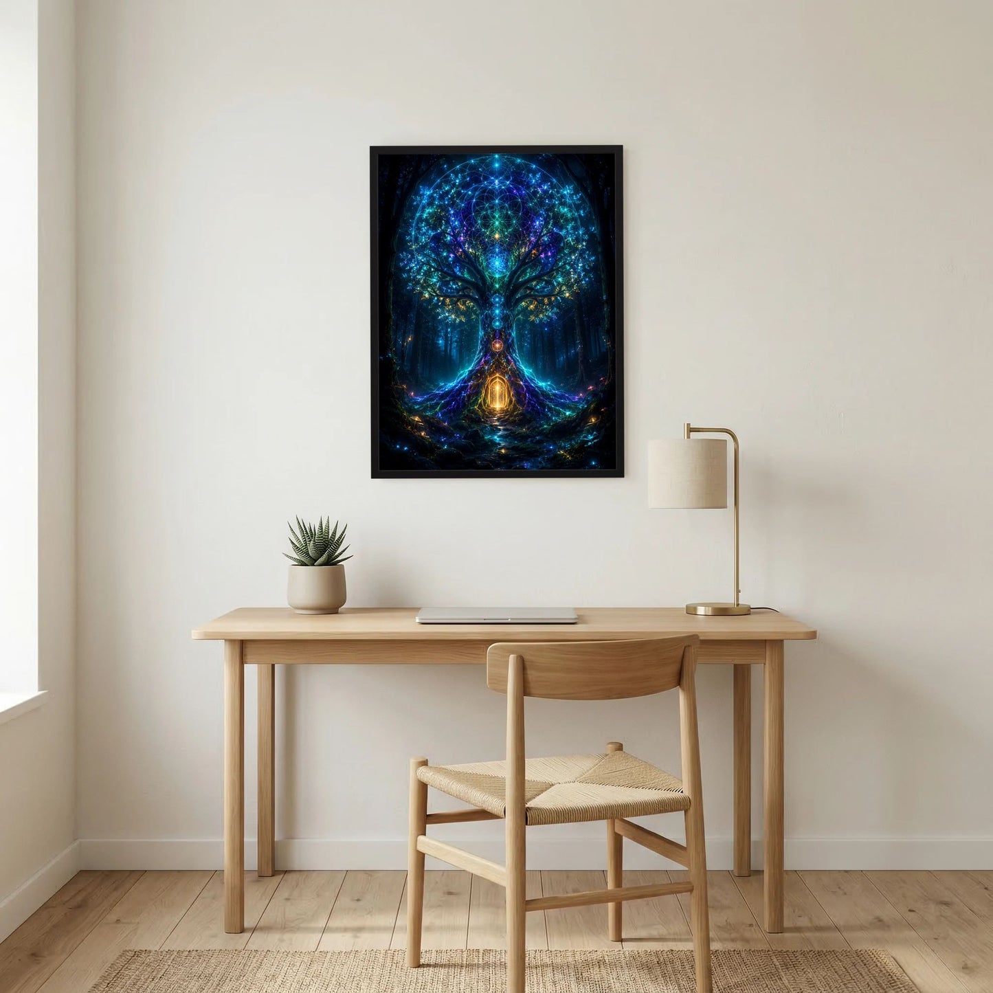 Hochformat-Poster im schwarzen Rahmen mit leuchtendem Baumportal in Blau