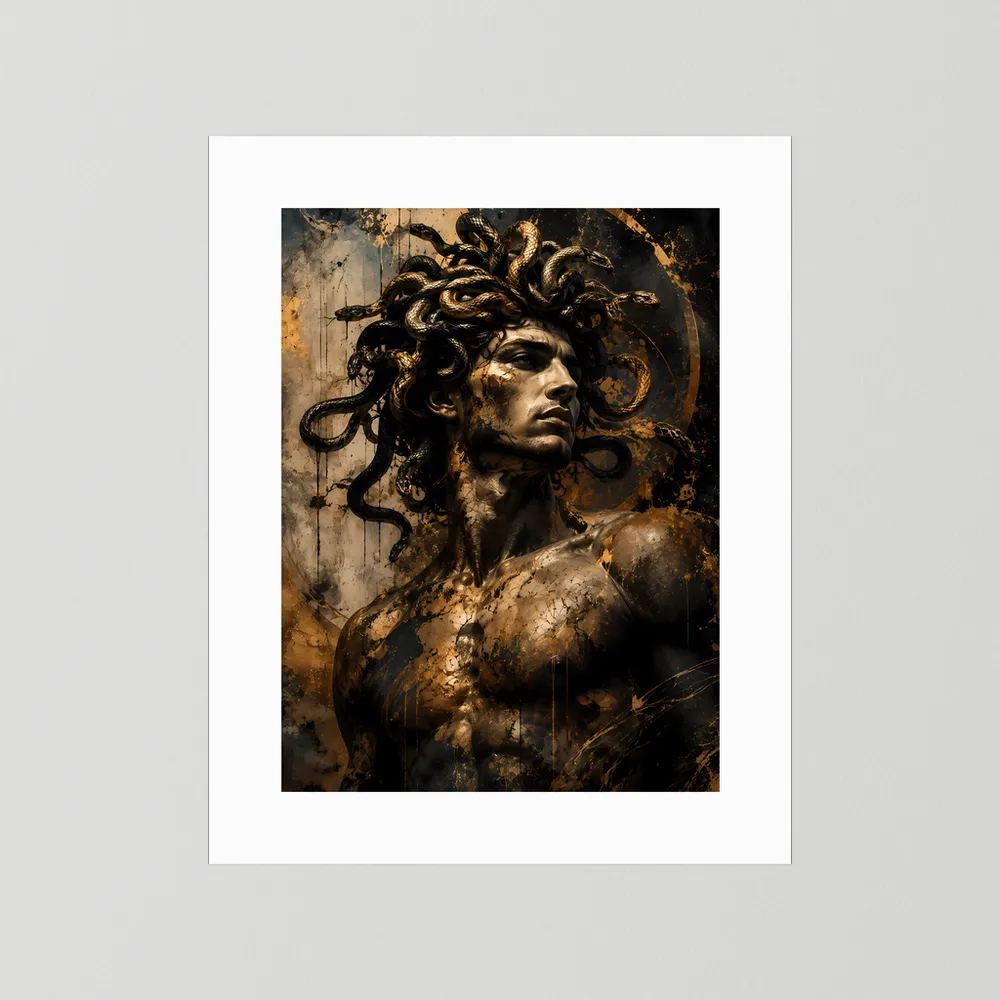 Hochformat-Poster mit Männerporträt und Schlangenhaar, schwarz-gold, weißer Rand