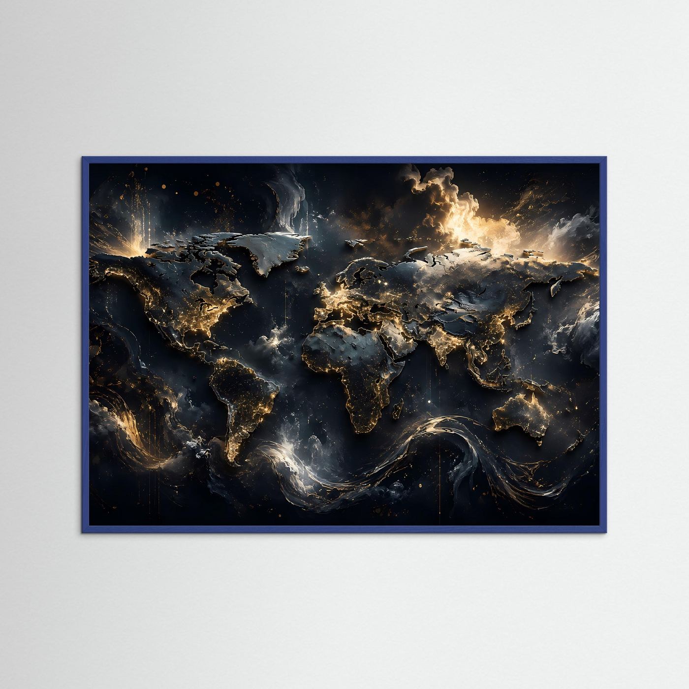 Weltkarte Gold Schwarz Poster | Moderne Weltkarte Wandbild | Luxus Fine Art | Abstrakte Landkarte | Panorama Leinwand