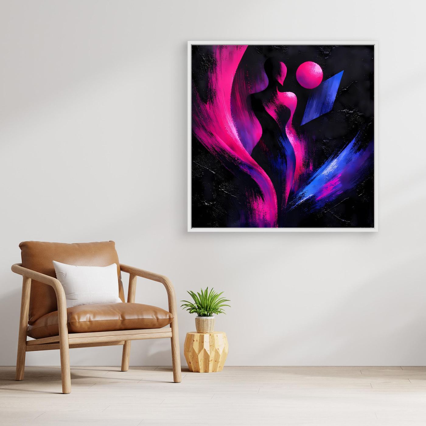 Leinwandbild mit abstrakter Silhouette in Neon Pink/Blau auf dunklem Hintergrund, weißer Rahmen