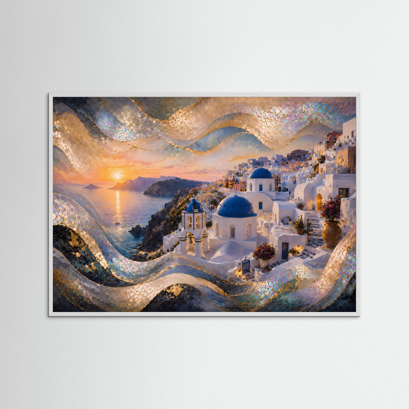 Santorini im goldenen Sonnenuntergang | Mediterrane Wandkunst mit Perlmutt