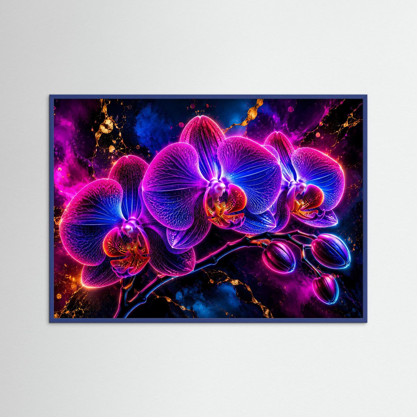 Leuchtende Neon-Orchideen in Pink & Blau | Modernes Abstraktes Blumen Poster Querformat