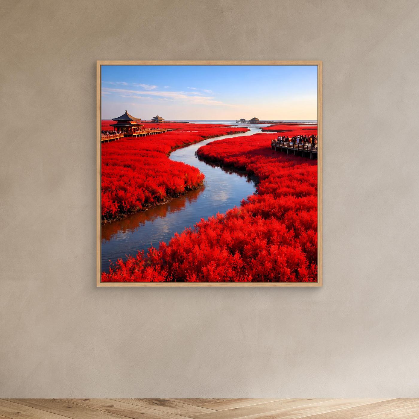 Leinwandbild mit Eichenrahmen: roter Fluss zwischen roten Pflanzen, Holzstege und Pagode