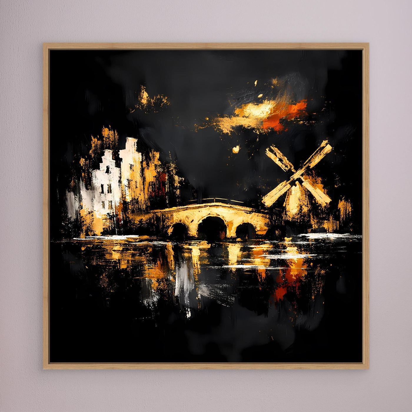 Leinwand Goldene Windmühle in Amsterdam | Abstraktes Holland Wandbild Modern