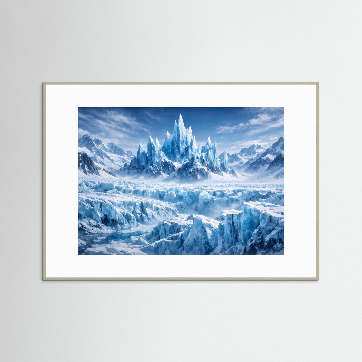 Querformatposter mit Gletscherlandschaft und Eiskristallen im hellen Holzrahmen