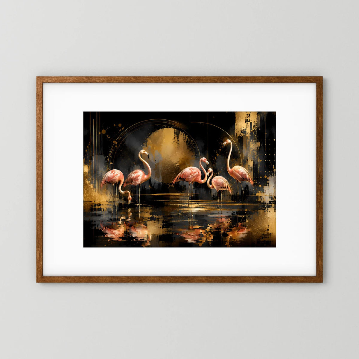 Flamingo-Poster mit abstraktem Schwarz-, Rosa- und Goldmotiv im braunen Holzrahmen