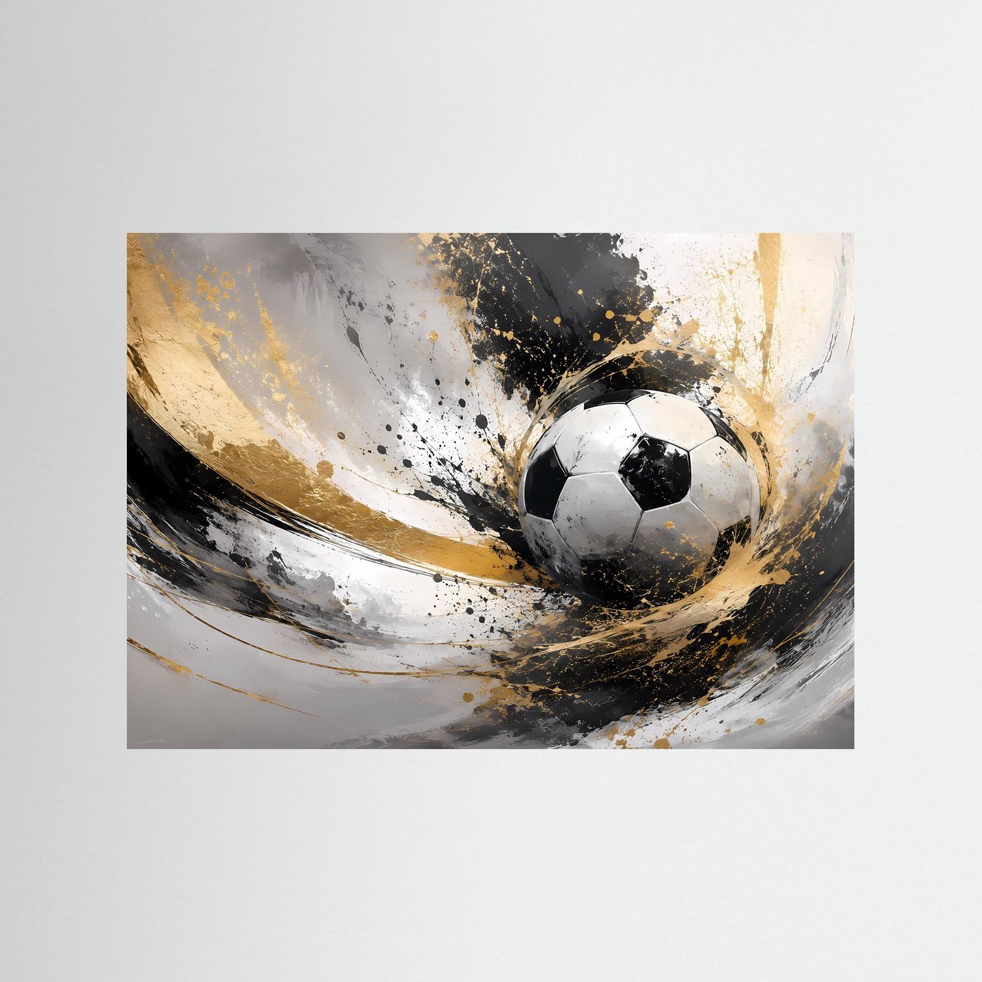 Fußballkunst-Poster im Querformat mit schwarzem Ball und gold-schwarzen Spritzern