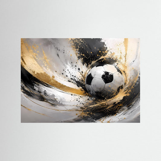 Fußballkunst-Poster im Querformat mit schwarzem Ball und gold-schwarzen Spritzern