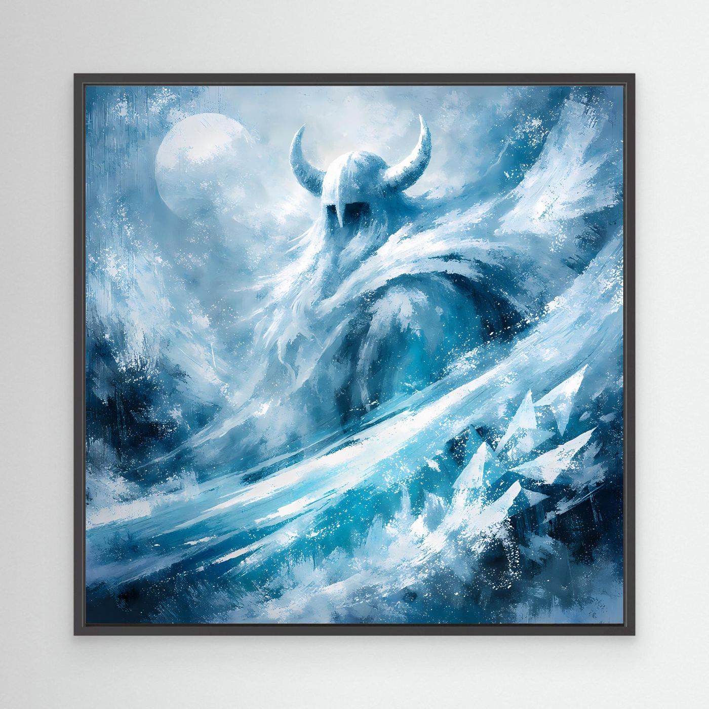 Leinwandbild mit Eiswikinger-Motiv, frostblau, schwarzer Rahmen