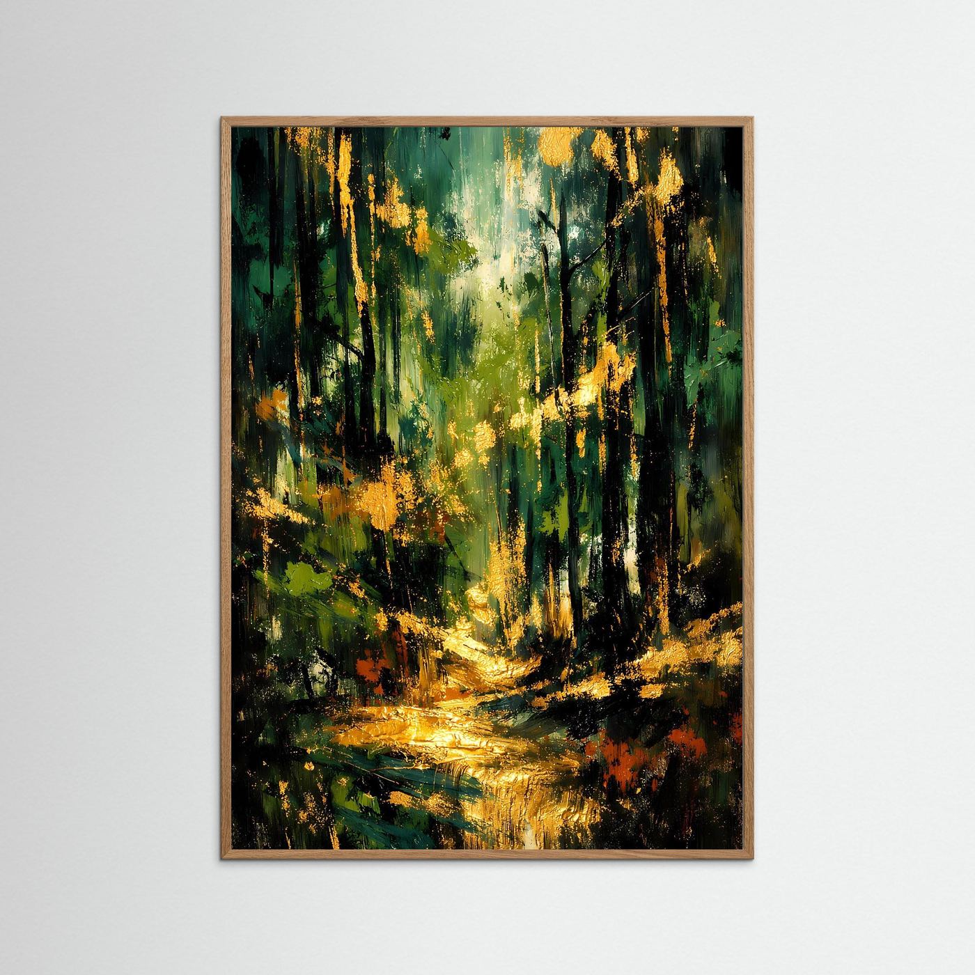 Naturposter im Hochformat: abstrakter Wald mit Smaragdgrün und Gold, Eiche natur gerahmt