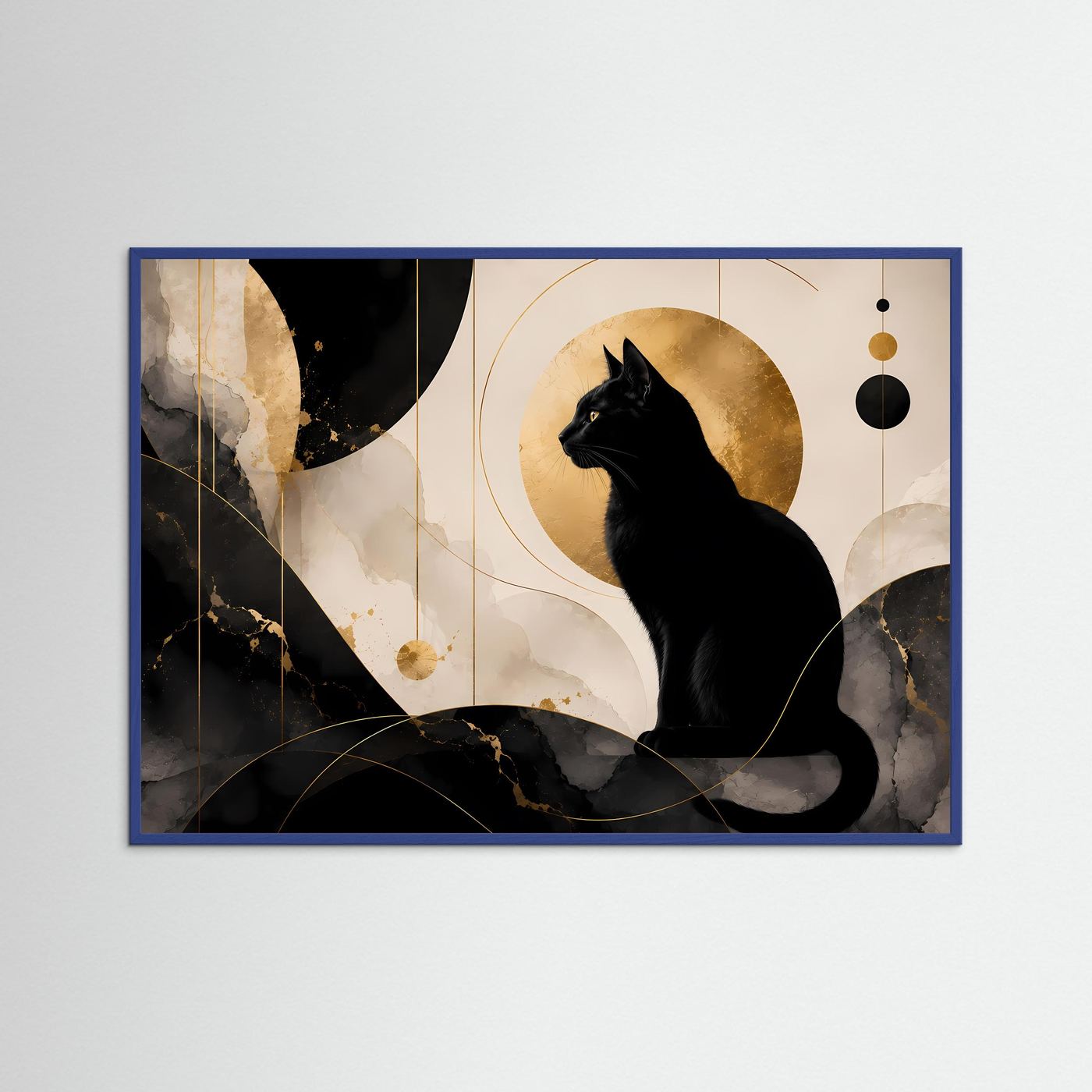 Schwarze Katze in Gold & Marmor | Elegante abstrakte Katzen Wandkunst
