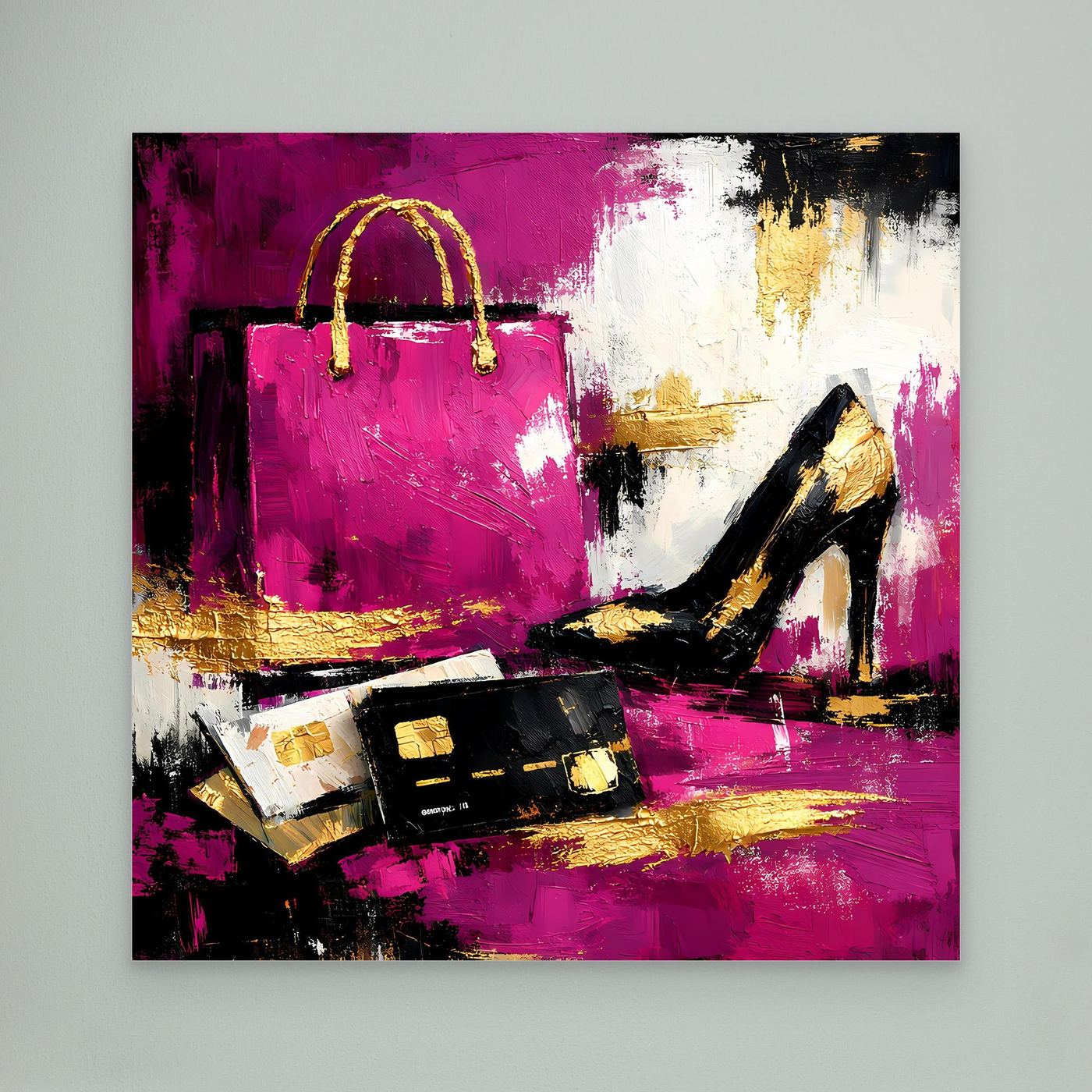 Leinwand Abstraktes Fashion Wandbild in Pink und Gold | Modernes High Heels & Shopping Gemälde