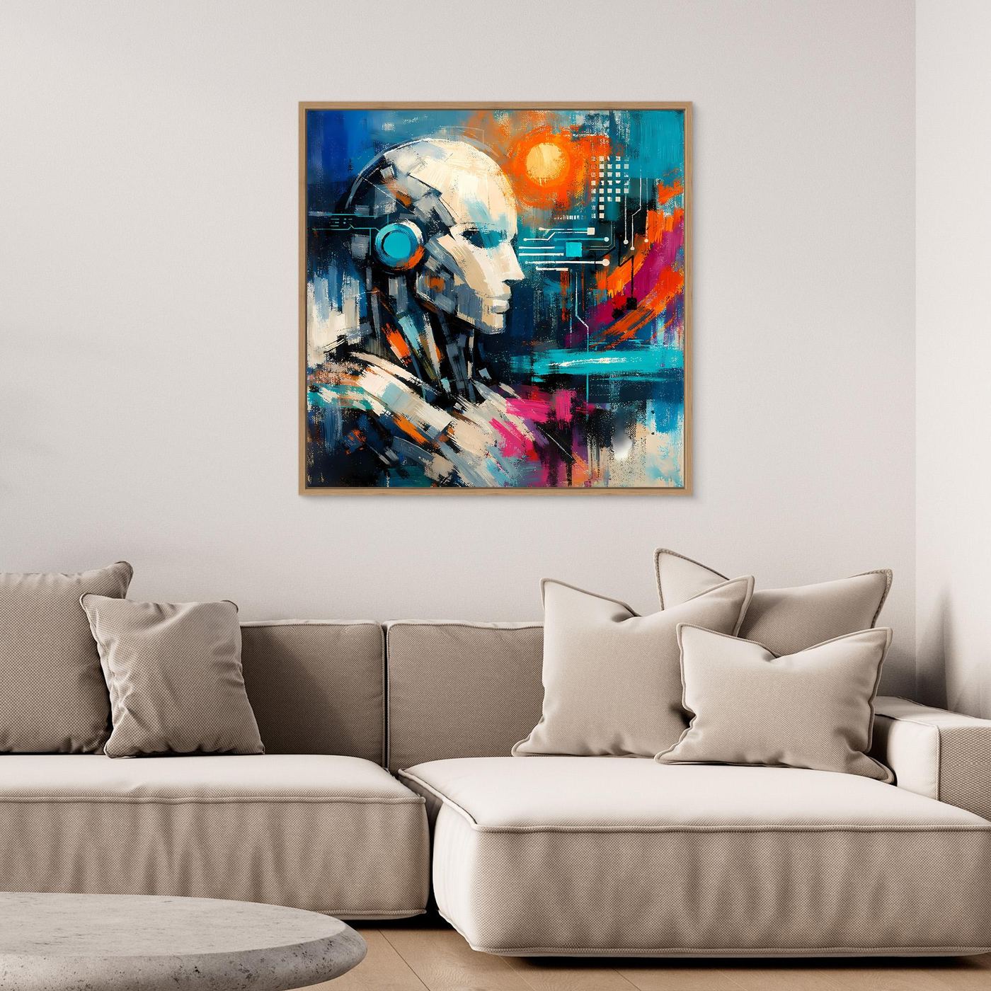 Abstract cybernetic mind wall art print with robot face, blue and orange, white frame