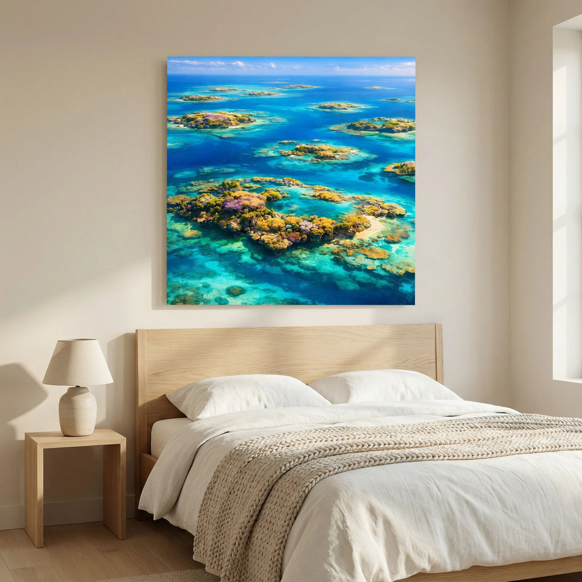 Wandbild mit tropischer Inselwelt auf Holzkeilrahmen, klares türkisblaues Wasser und Riffinseln
