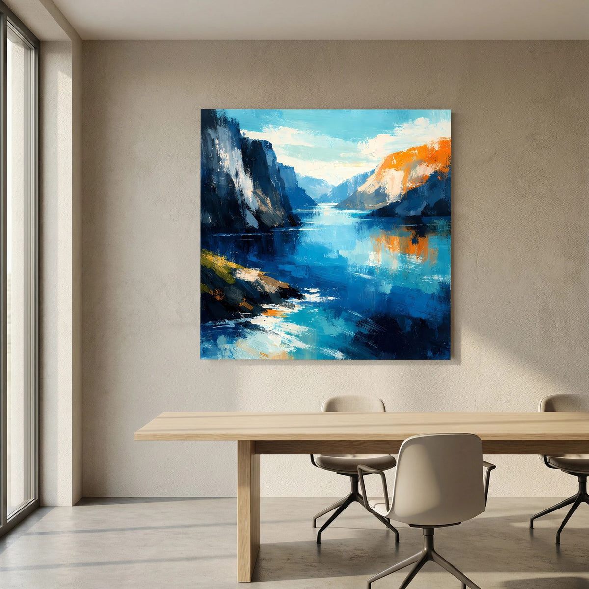 Leinwand Abstraktes Fjord Gemälde | Modernes Norwegisches Wandbild Blau Orange