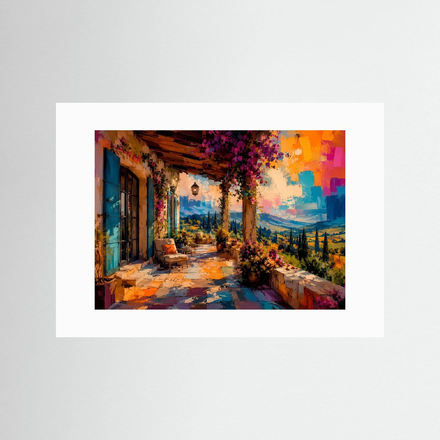 Landschafts-Poster mit weißem Passepartout: bunte Terrasse mit blauem Fenster, Querformat