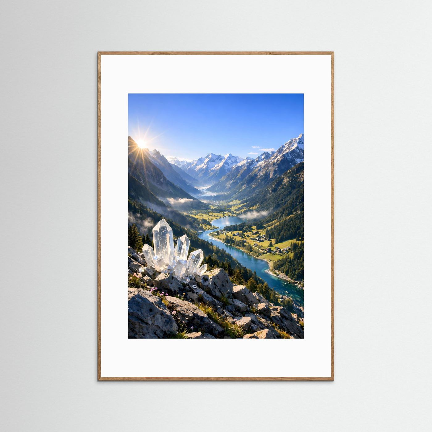Berg-Poster im Sonnenaufgang mit Bergkristall, Hochformat, brauner Holzrahmen