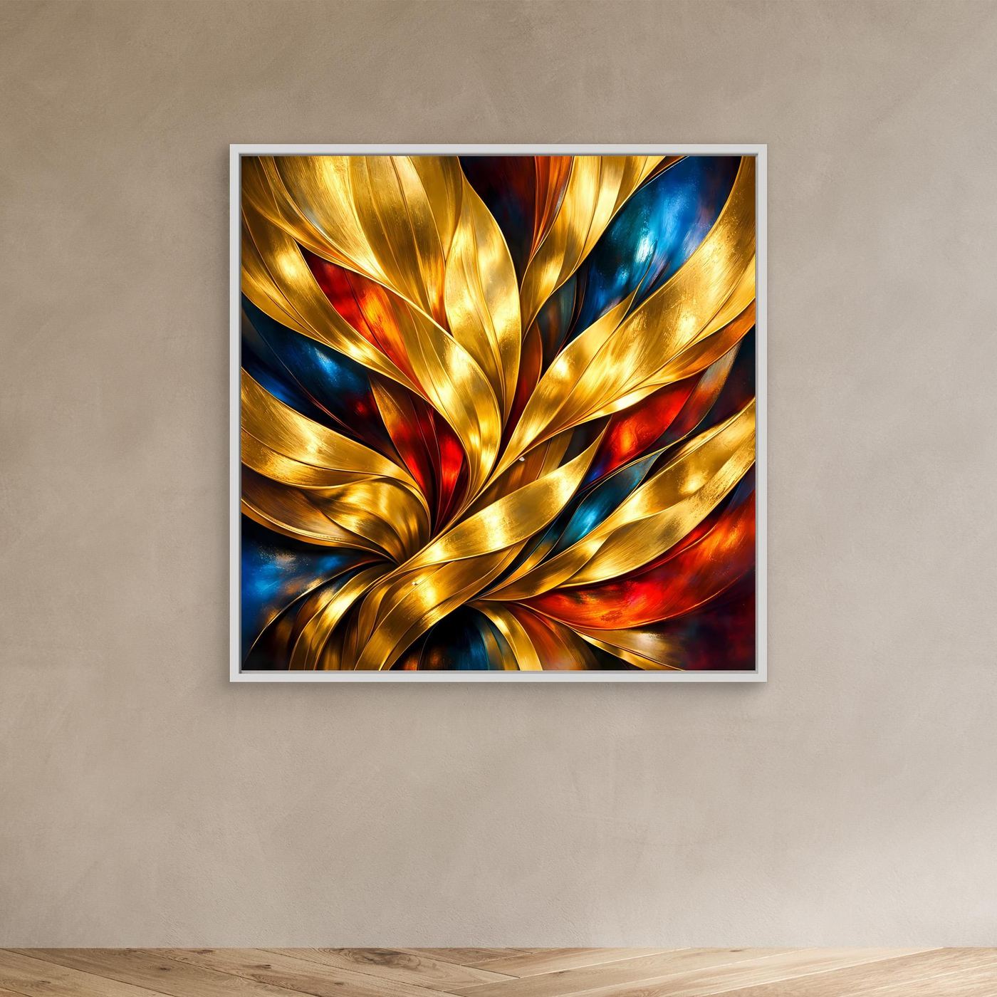 Leinwandbild mit abstraktem goldenem Wellenmotiv, weißer Rahmen, Rot- und Blautöne