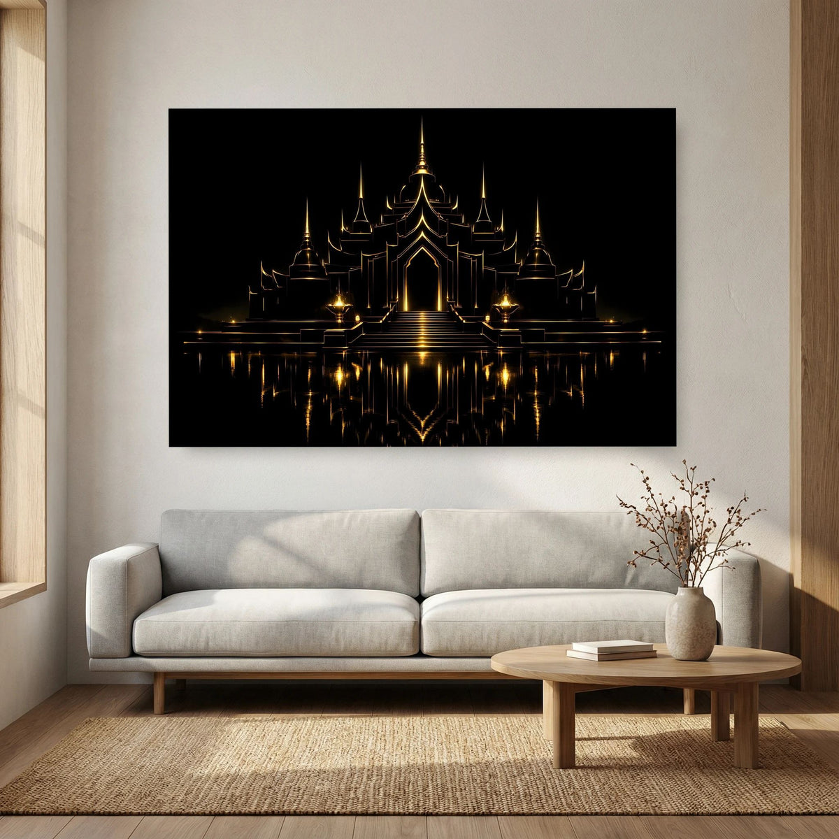 Wandbild im Querformat: zentrierter goldener Tempel mit Reflexionen auf schwarzem Hintergrund