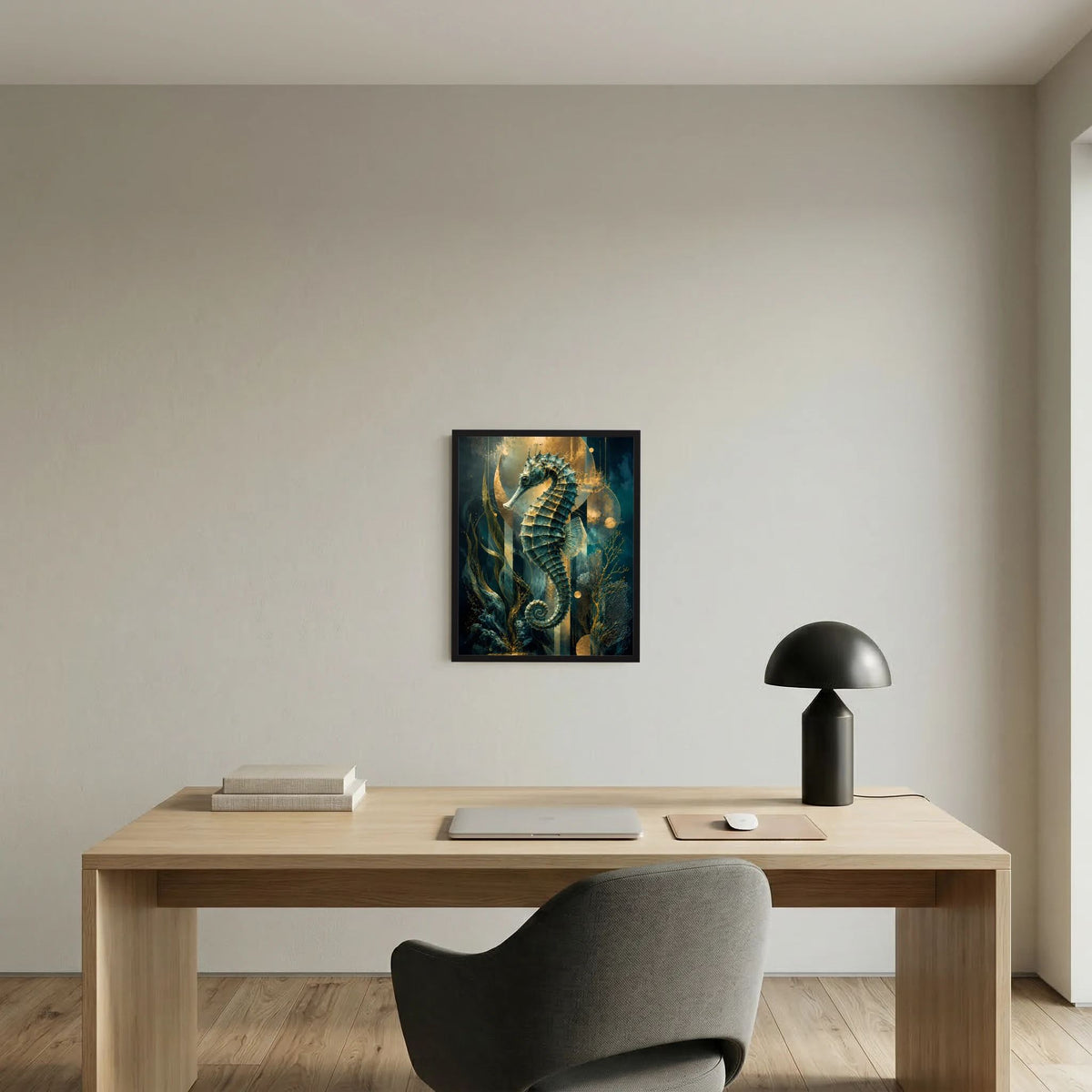 Gerahmtes Wandposter mit Seepferdchen in Petrol- und Goldfarben im Stil der Unterwasserwelt