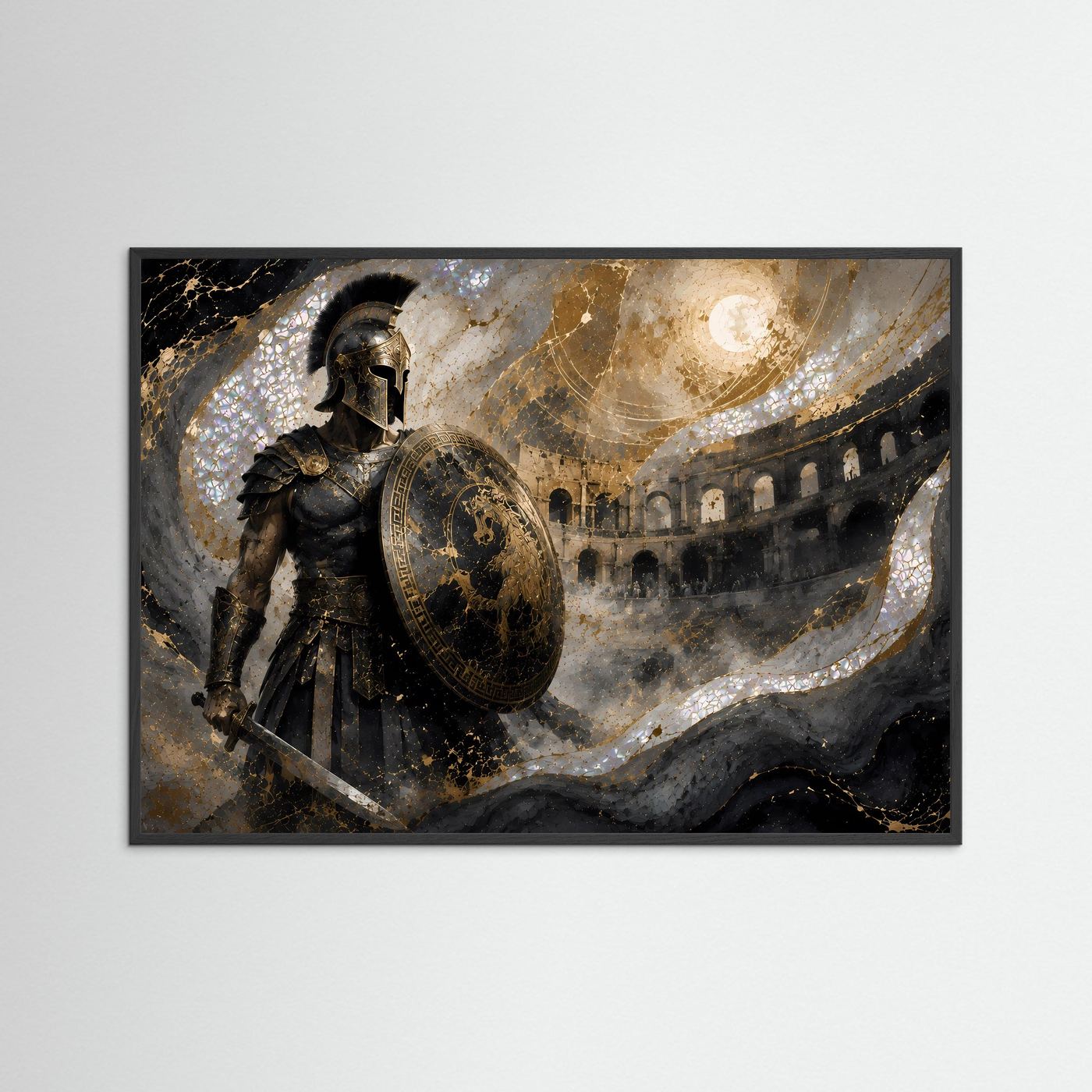 Poster im schwarzen Rahmen: römischer Gladiator im dunklen Rüstzeug mit Rundschild