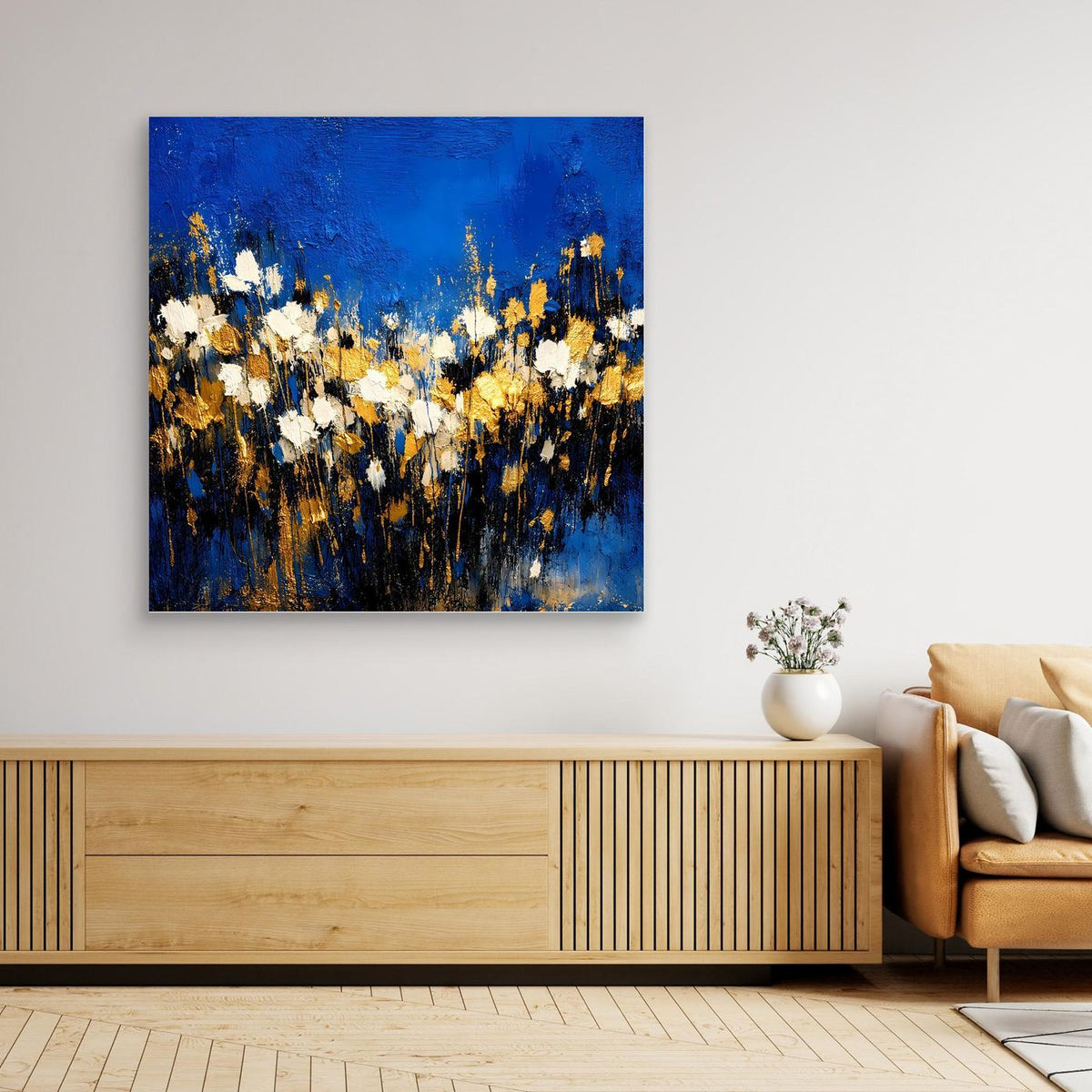 Wandbild: abstrakte Blumenwiese in Blau, Weiß und Gold, quadratisches Leinwandbild