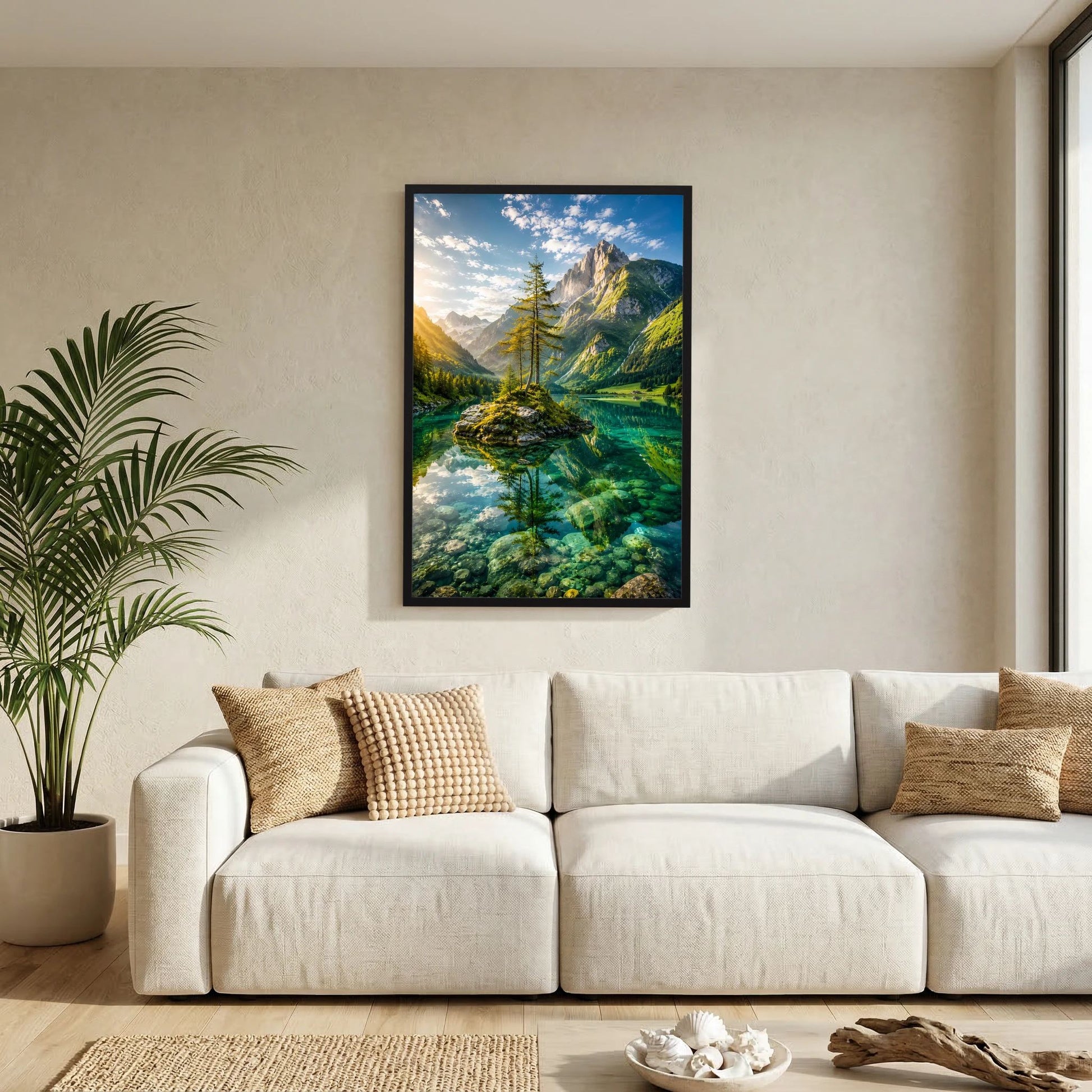 Hochformatiges Poster mit schwarzem Rahmen: Alpenlandschaft mit Bauminsel im Bergsee.