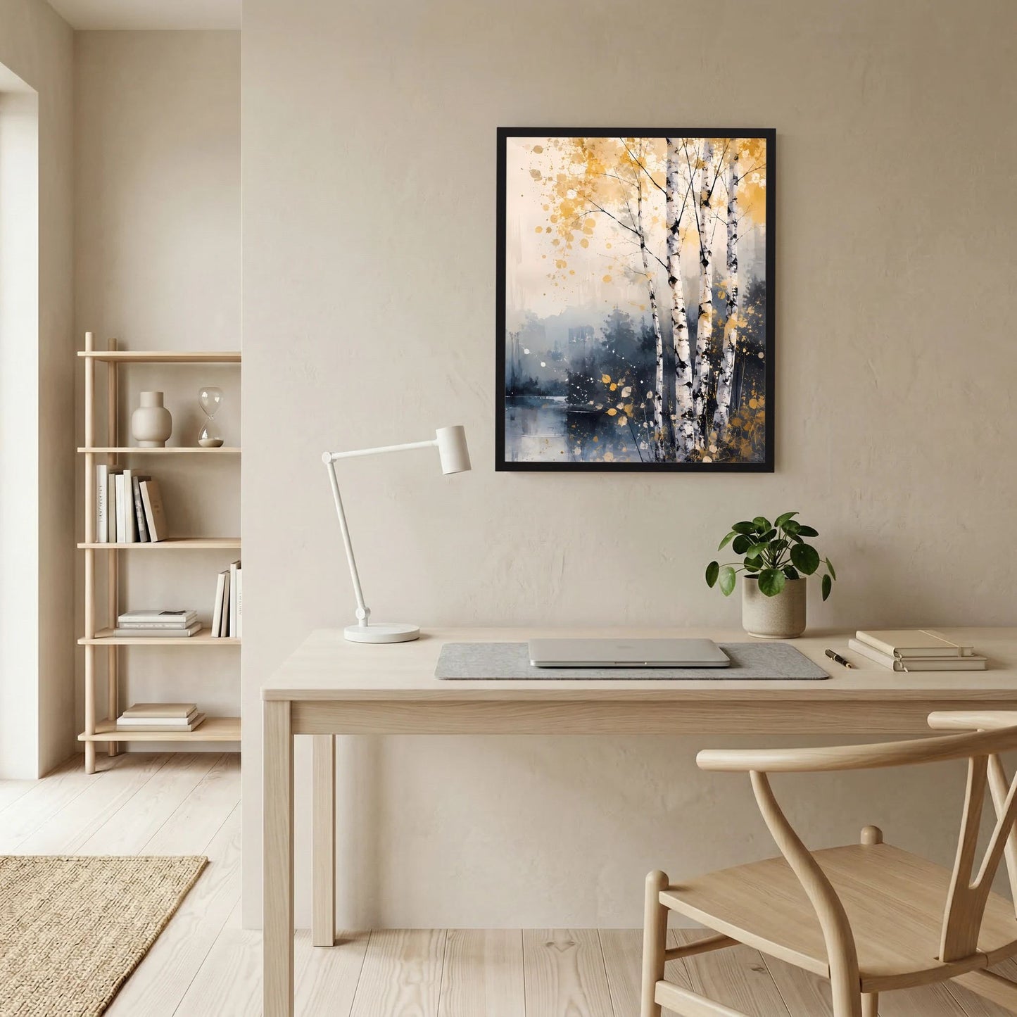 Gerahmtes Wandposter mit abstrakten Birken am See, schwarzer Rahmen, goldene Punkte