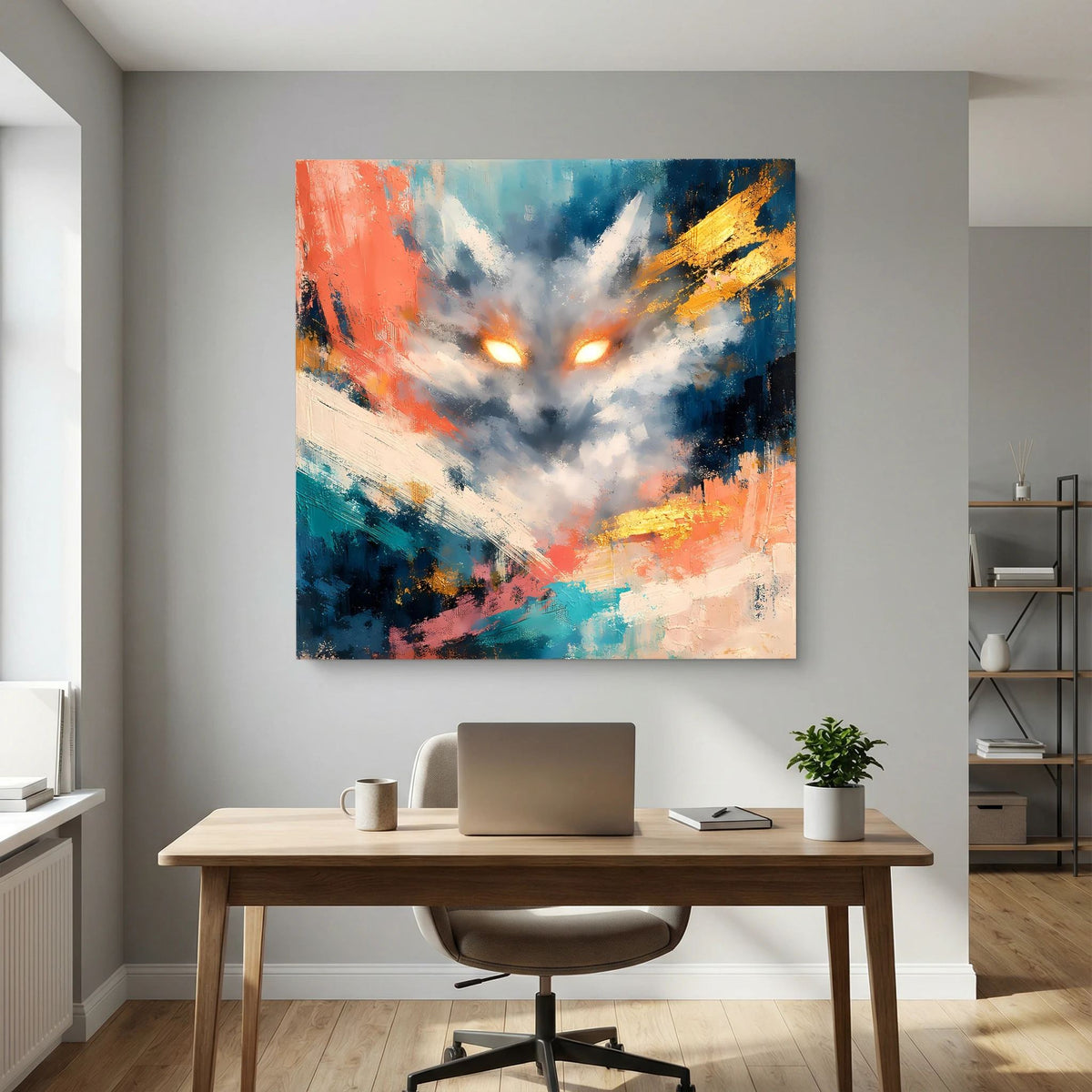 Quadratisches Leinwandbild: abstrakter Fuchs mit leuchtenden Augen, Akzente in Gelb und Blau