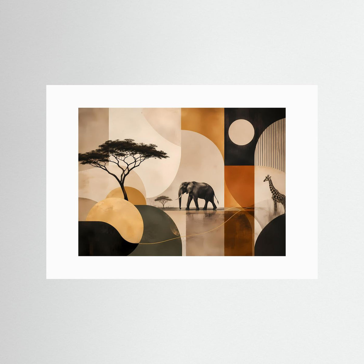 Abstraktes Poster mit Elefant und Giraffe im Querformat, mit weißem Passepartout